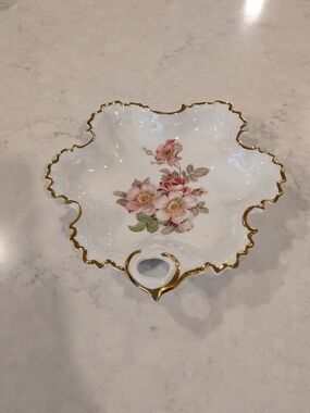 Vintage 1960s Floral Porcelain Candy Dish with Gold Trim Bavaria West Germany